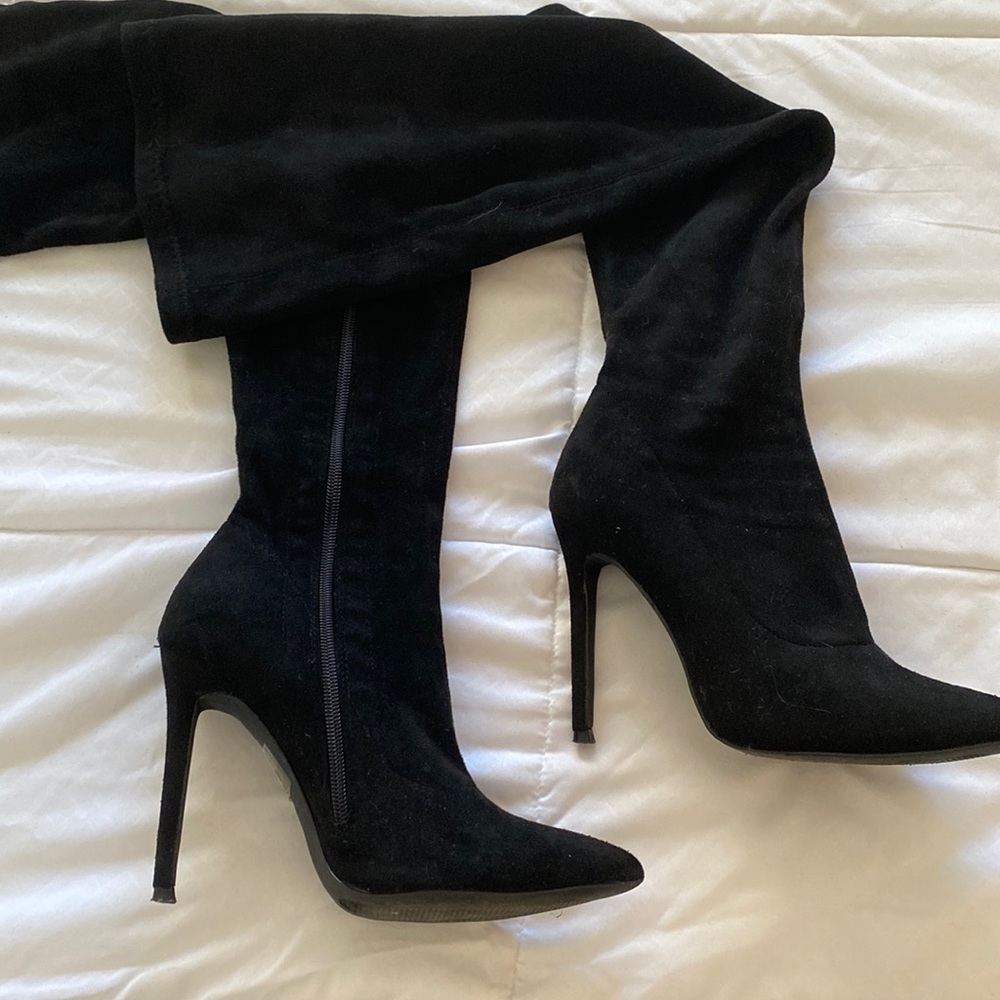 Pointy black stiletto above the knee boots size 6.5